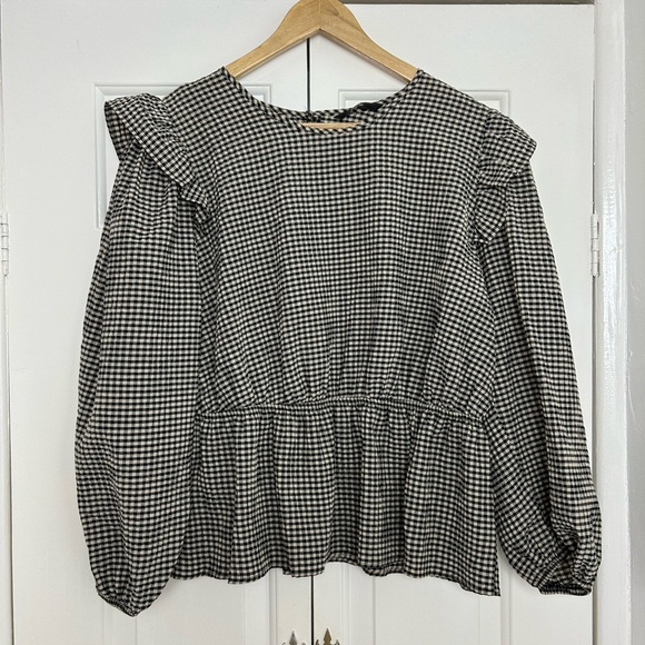 George Tops - George top UK 16 black beige gingham check plaid frill blouse